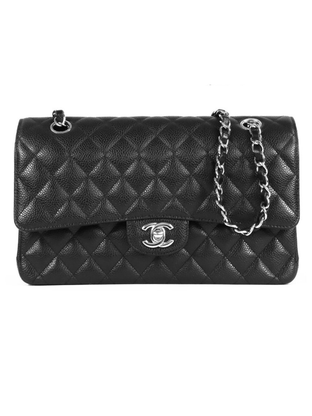 Chanel Chain Black Silver Caviar Leather Quilted 25 Double Flap Shoulder Bag